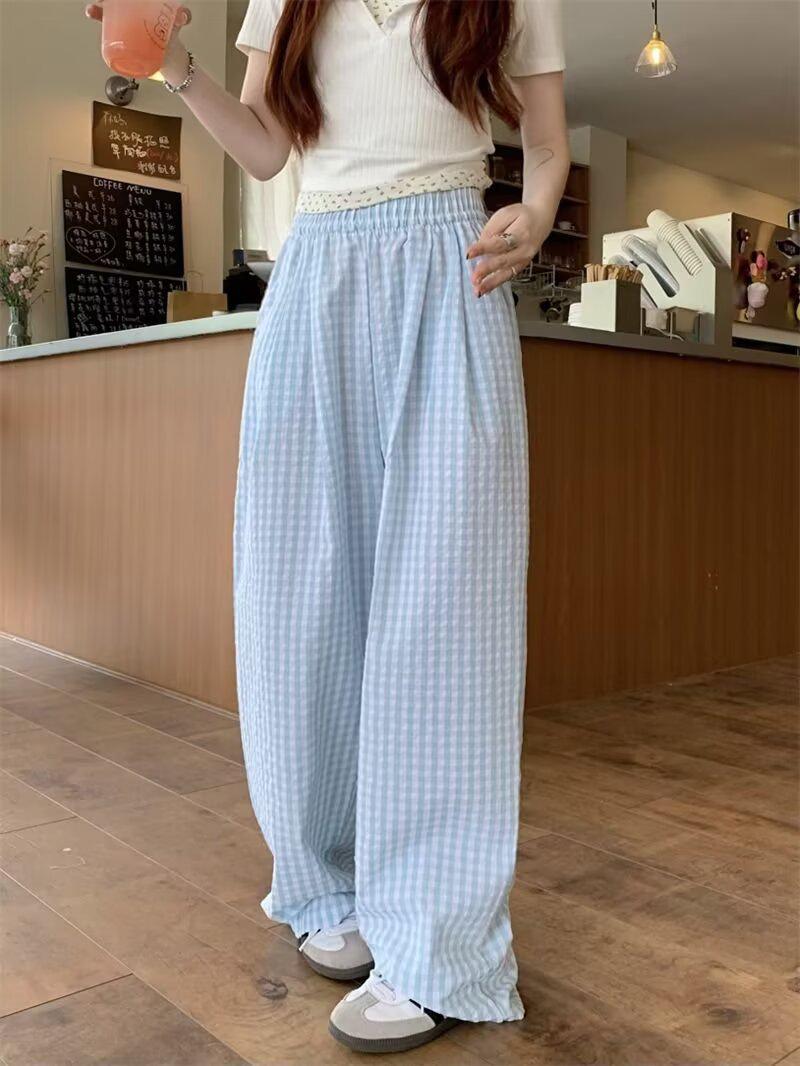 

Клетчатые брюки-палаццо с высокой посадкой и колорблоком - Женские модные и универсальные брюки длиной в пол 2X Large светло-синий