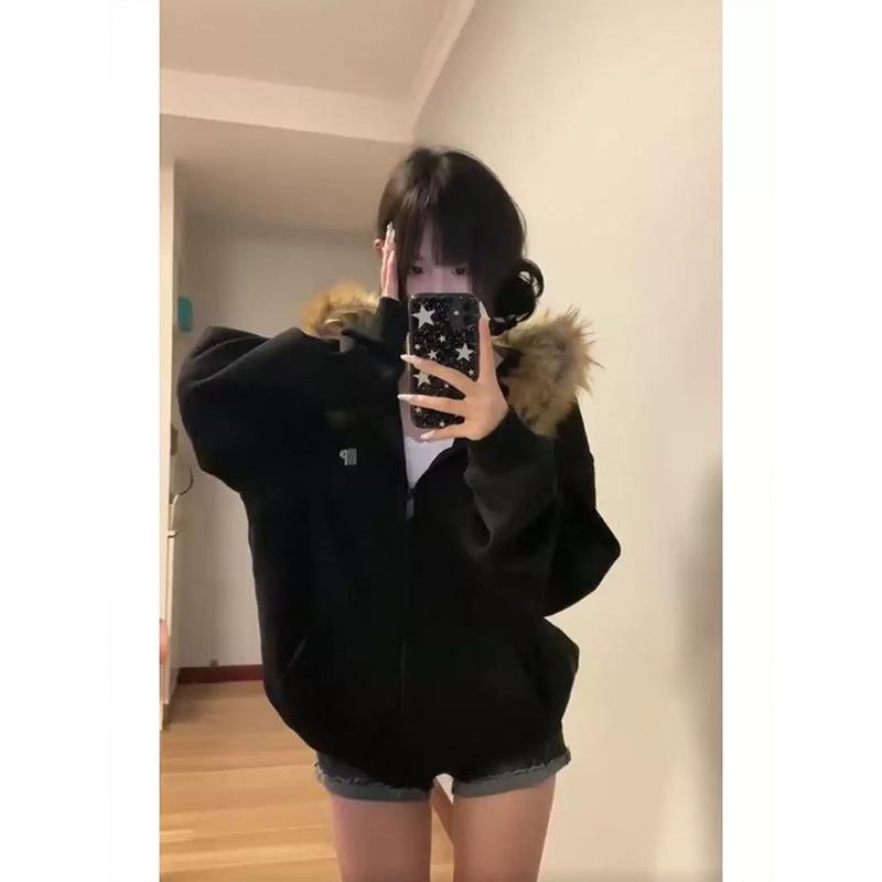 Women's Retro Plush Collar Fleece Hoodie for Autumn/Winter - Casual Loose Zip-Up Cardigan Coat