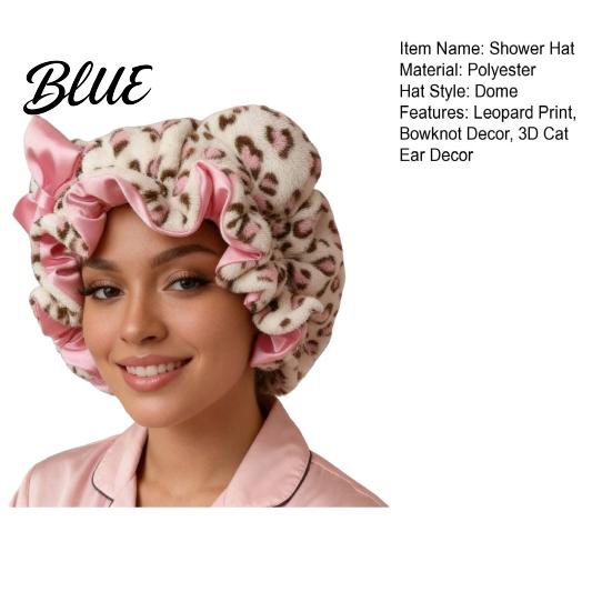 Soft Plush Sleep Hat Leopard Print Sleeping Bowknot 3D Cat Ear Decor Adjustable No Satin Cap Frizz Fit Double Layer Lined Hair Protection Bonnet