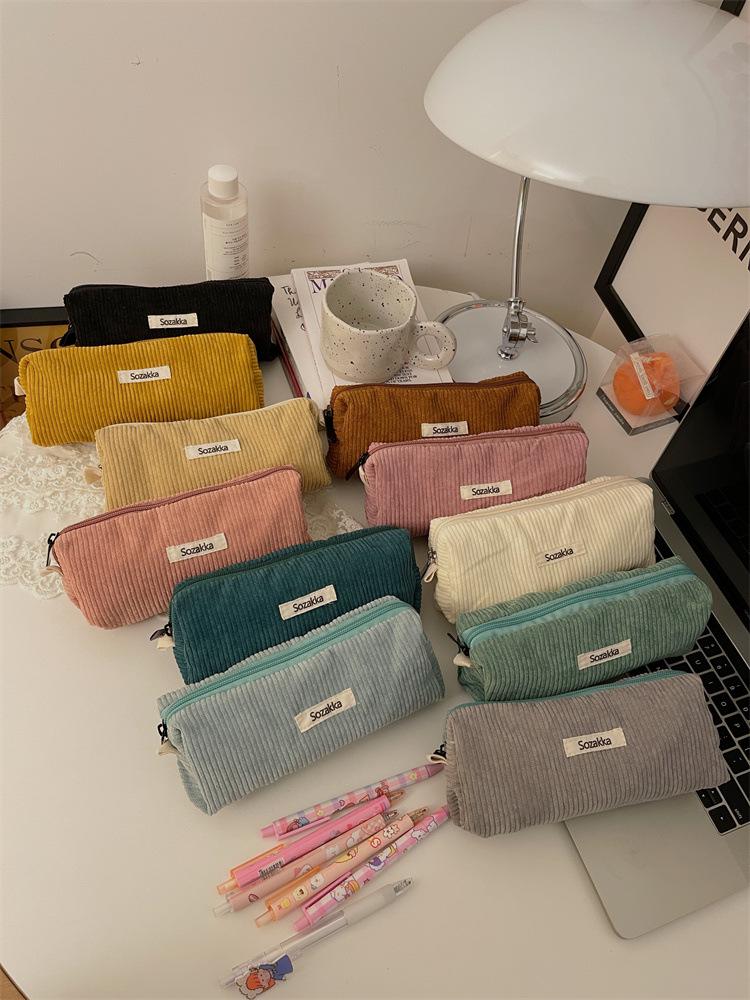 Little White Rabbit Corduroy Pencil Case – Vintage Solid Color Stationery Bag for Students