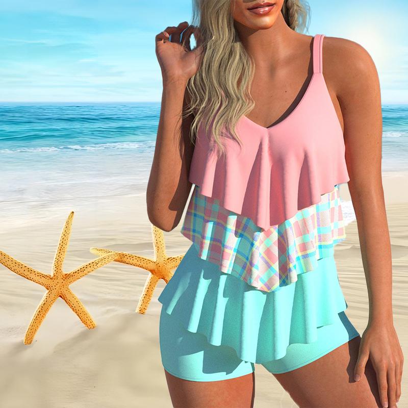Women's Shoulder Strap Swimsuit with Three Colors and Three Layers of Printed Bikini Short Tank Top Swimsuit