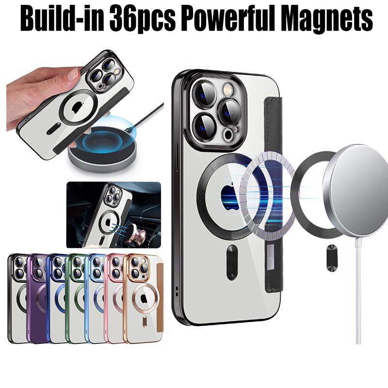 Leder Flip Cases für Magsafe Magnetisches kabelloses Laden für IPhone 14 Plus 13 12 11 Pro Max Lens Grass Wallet Card Slot Holder Cover