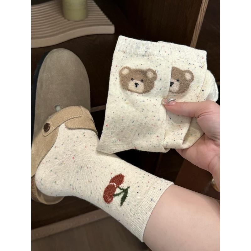 Women's Cute Bowknot Dot Tulle Socks - Mid-Calf, Korean Cartoon Bear, Japanese Color Dots