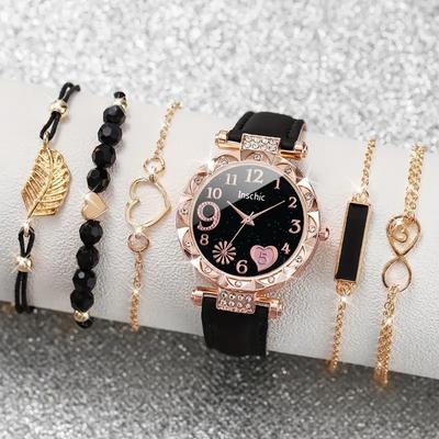 6 Adet/Set Kadın Saati Günlük Çiçekli Quartz Saat PU Deri Kol Saati Bileklik Kombinasyon Seti Kadın Kız İçin Takı Hediyesi