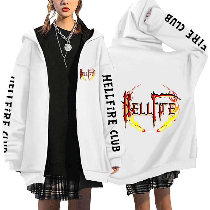 

Fashion Hooded Top Women Men s Hellfire Club Print Zipper Jacket Hip-hop Street Sports Couple Casual Loose Hoodie XXS білий
