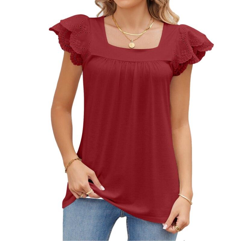 Camiseta informal de manga corta con pétalos para mujer, blusa elegante con cuello cuadrado, Top sencillo y liso con agujeros para mujer 27773 2023