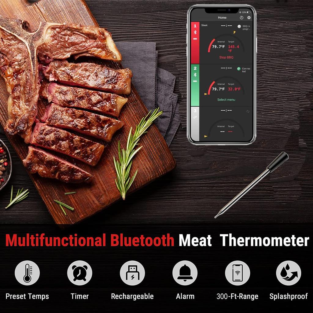 Wireless Meat Thermometer,Bluetooth Meat Thermometer with 300ft Wireless Range,Digital Cooking Thermometer with Alert for BBQ,Oven,Smoker,Air Fryer