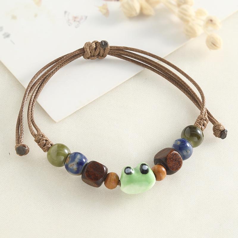 Cartoon Frog Dog Head Handwoven Hand Rope Mori Style Jingdezhen Ceramic Niche Versatile Bracelet For Women