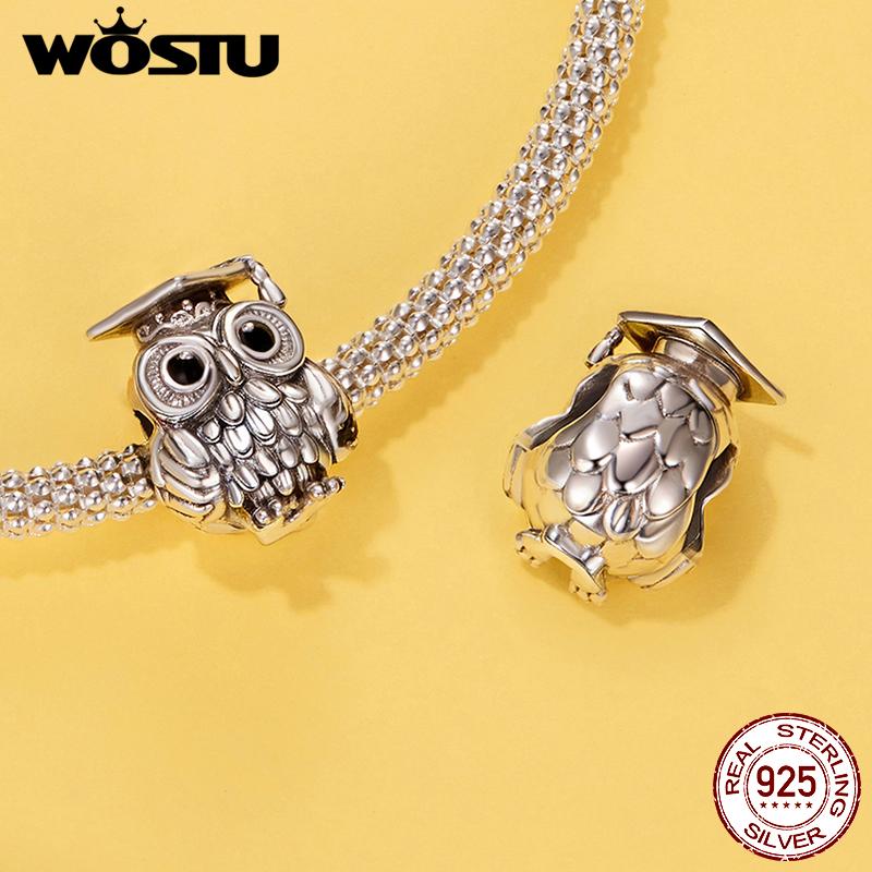 WOSTU Graduation Jewelry 925 Silver Girl & boy Charm Unicorn Pendant Retro Owl With Hat Bead Fit Bracelet Daughter Girl DIY Gift