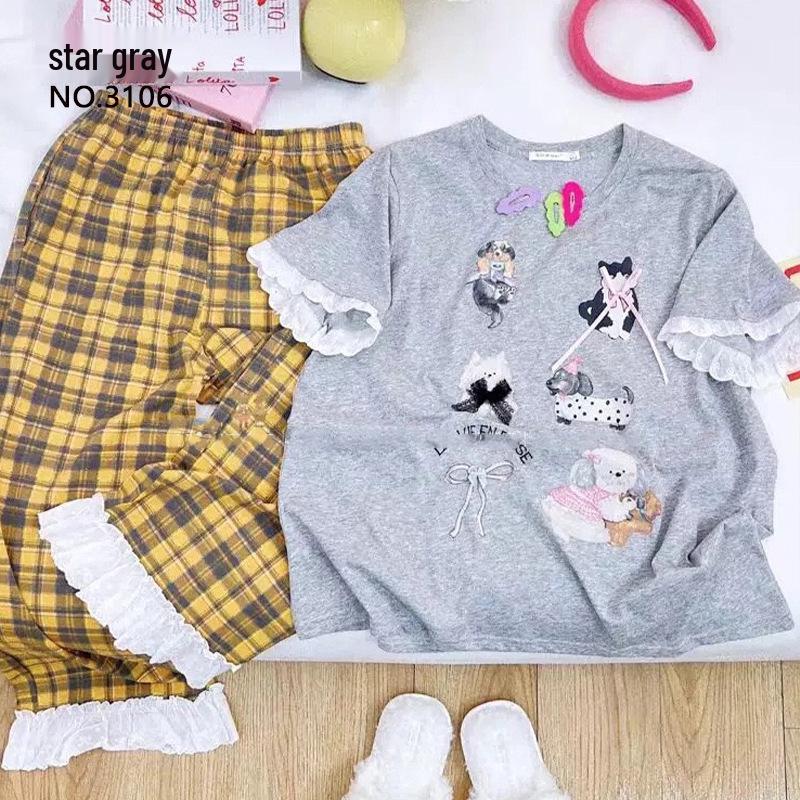 Discontinued Women s Summer Short Sleeve Lace Polka Dot Pajama Set - Cute Korean Style Homewear Large