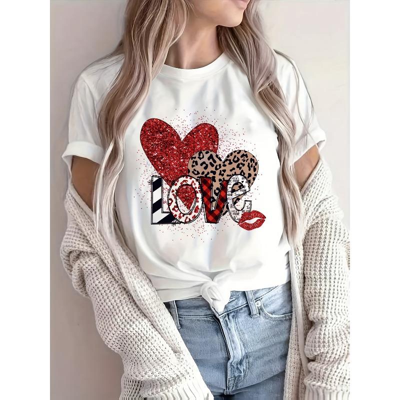 

European Size Elegant Romantic Fashionable Shiny Leopard Print Heart and Striped Letter Graphic | Breathable Crew Neck Short Sleeve Valentine S Day 4XL білий