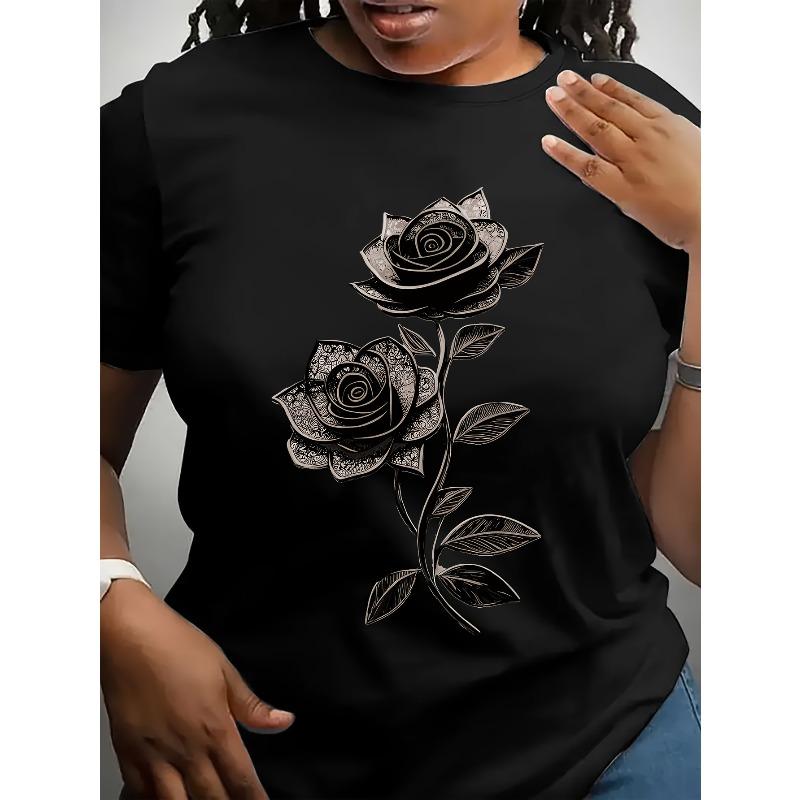 

European Size Exquisite Rose Print Fashion Casual Short Sleeve Summer Fit Round Neck Women S T-Shirt 4XL