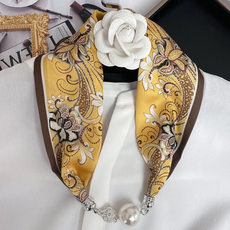 New Luxury Design Magnetic Pearls Button Silk Scarf Women Summer Neck Ornament Silk Scarves Lady Shirt Sunscreen Decoration Gift