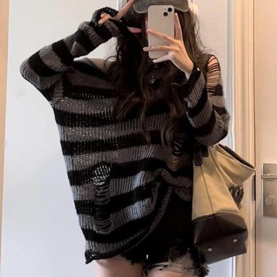 Streetwear Striped Knitted Long Sleeve Pullover Sweater Women Autumn Fashion Punk Hollow Out Hole Loose Knitwears Tops 29236