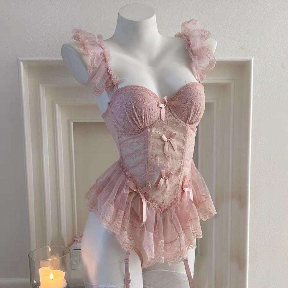 Flounce Lace Lingerie Women Bowknot See Through Night Dress Sweet Lace Sling Nightdress Sleep