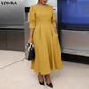 Summer Women Half Sleeve O Neck Solid Casual Side Zipper Long Pleated Dress