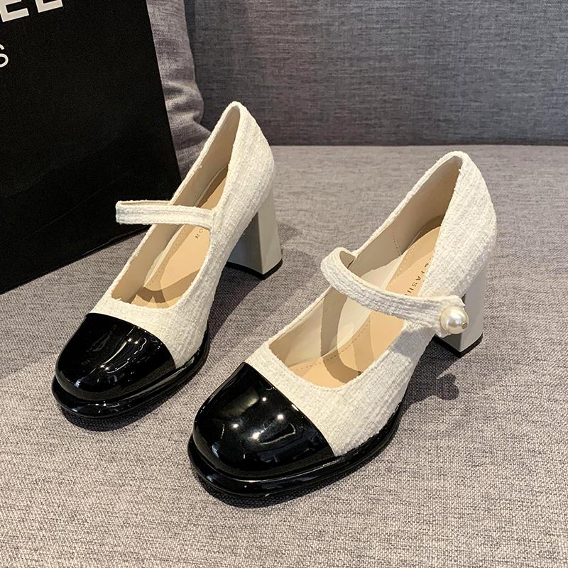 Pearl Embellished Mary Jane Flat Heels Women's Shoes Spring 2025 Leisure Round Toe Rubber Outsole Comfortable Inner Heightening