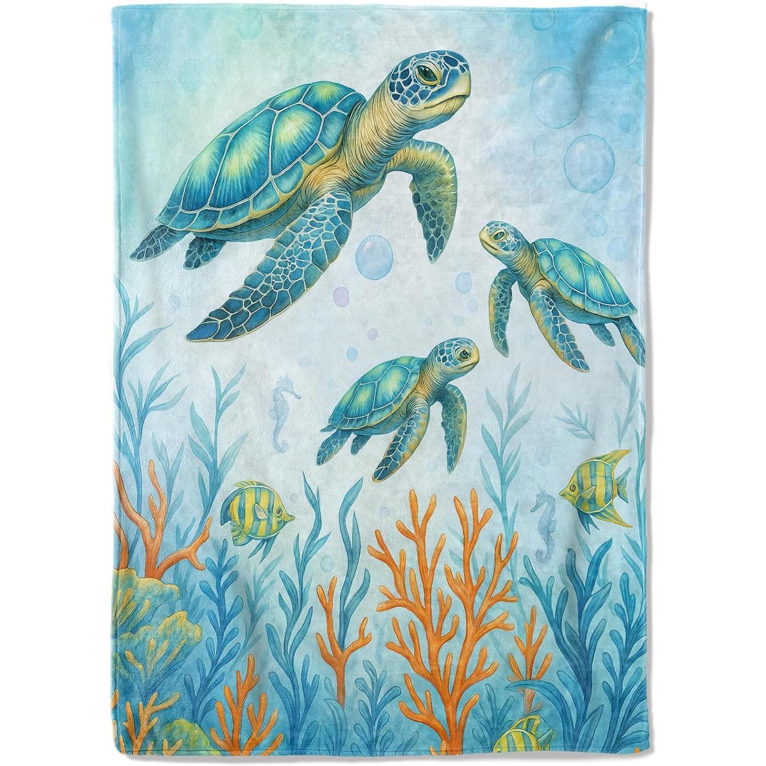 

Sea Turtle Fleece Blanket,Watercolor Ocean Reef Coral and Fish Throw Blankets,Soft Cozy Lightweight, Ideal for Bed Livin 75x90cm