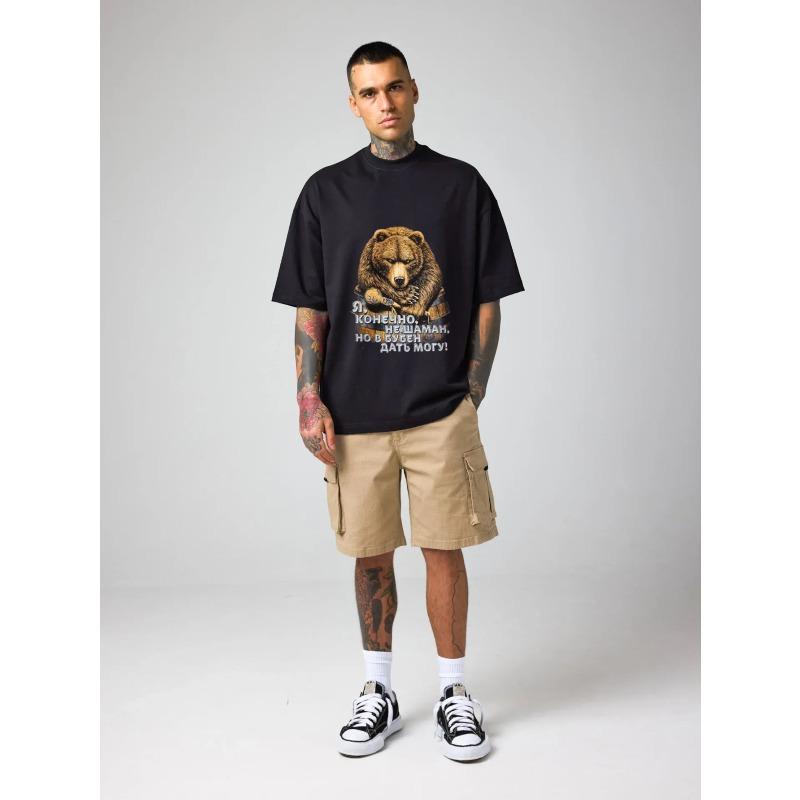 White T-Shirt Bear Graphic with Russian Text Casual Wear for Men Summer Outfit Streetwear Fashion