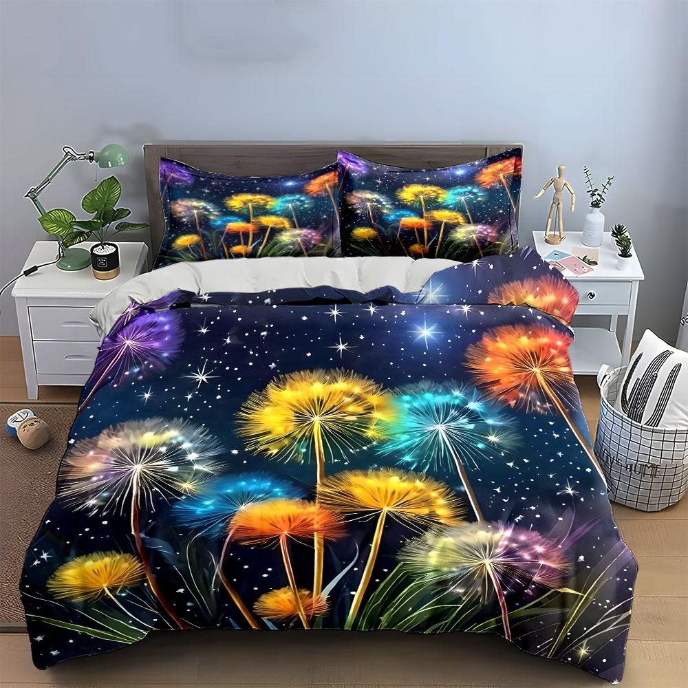 "Colorful Dandelion Starry Night Decor" Bedding Set with 1 Duvet Cover 2 Pillowcases Single Double King Queen, Gift