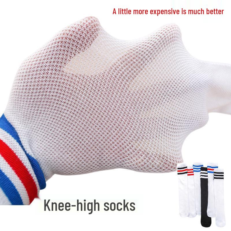 Kids' Three-Striped Mesh Mid-Calf Socks - Breathable Cotton for Spring & Summer
