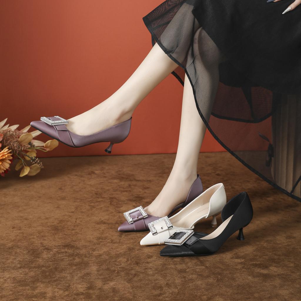 2025 New Single Shoes Women's High-end Sense Pointed Middle Heel Rhinestone Square Buckle Purple Side Empty Za High Heels Spring and Summer Stiletto