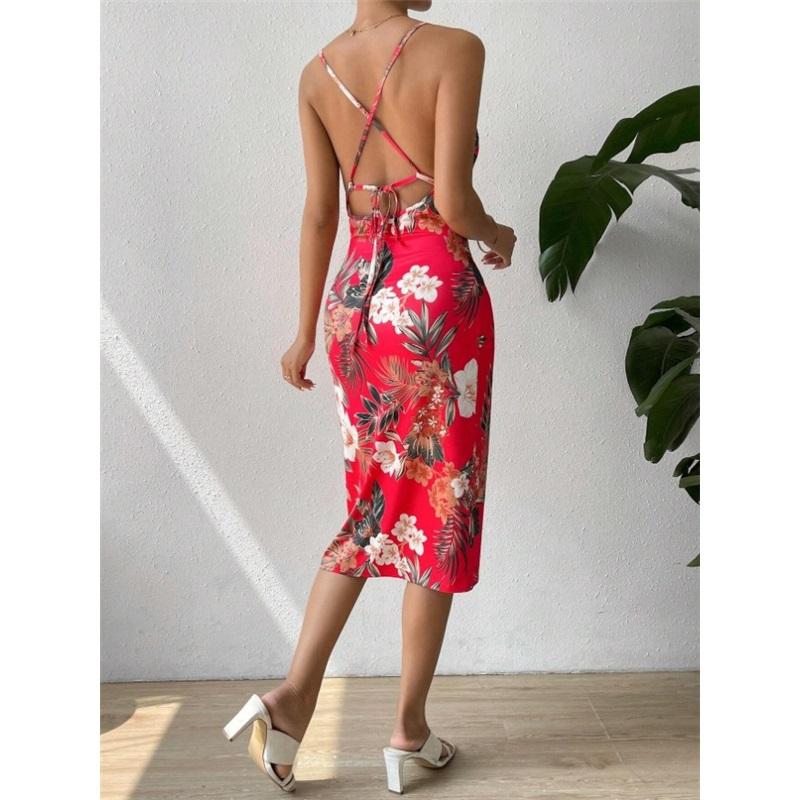 Summer Sexy European American Women Dress Side Slit Printed Mid Length Spaghetti Strap Dress Elegant Casual Fashion Dress