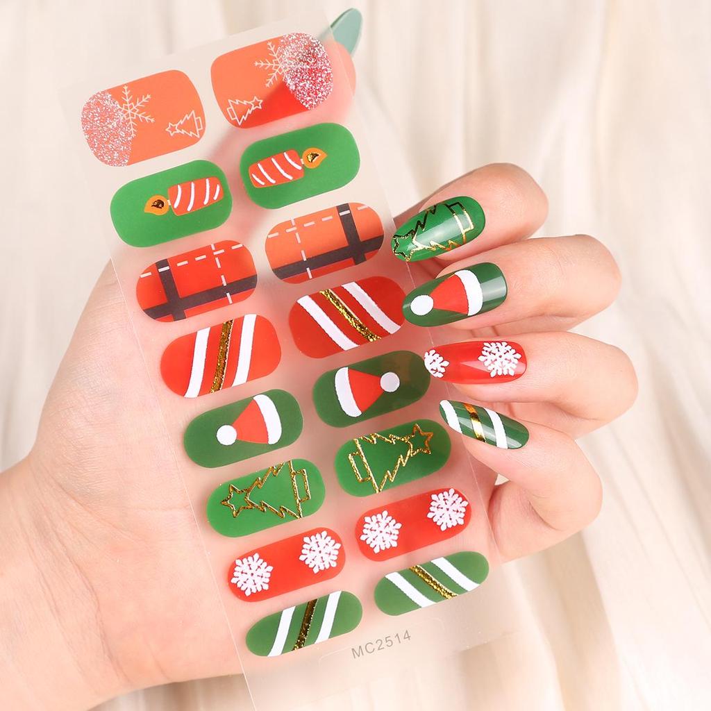 16-Piece European/American Christmas Gel Nail Stickers – No-Bake, French Manicure Style