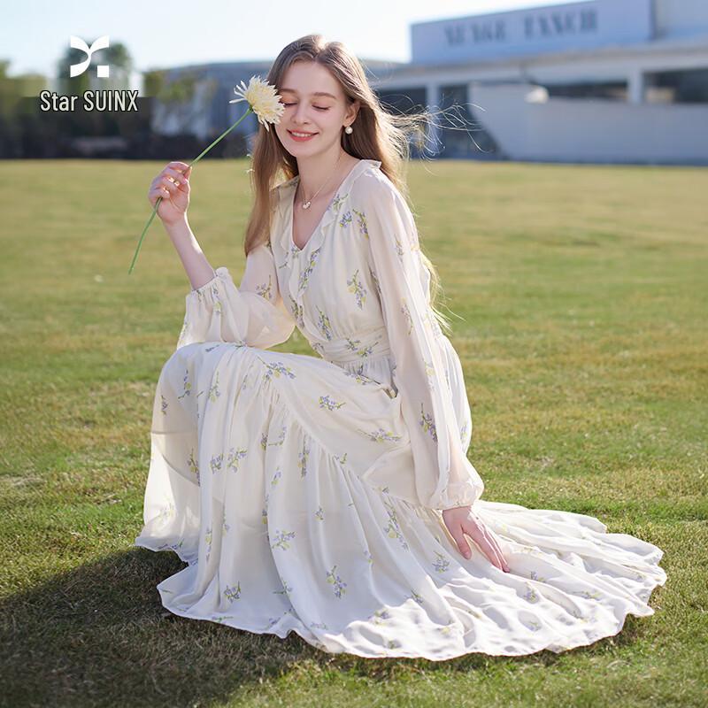 Women s French Floral V-Neck A-Line Midi Dress L