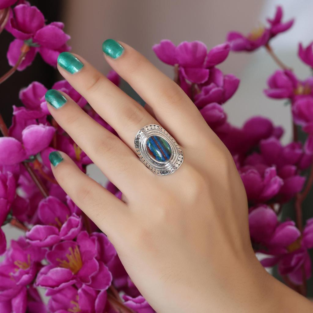 Rainbow Calsilica Silver Ring, Pure 925 Sterling Silver Handmade Jewelry, Silver Women Jewelry Ar8943