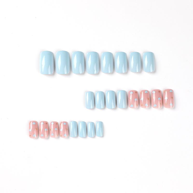 24Pcs/Set Quick Nails Piece Of Blue Love Golden Polka Dot False Nials Sticker Wearable Waterproof Manicure Finished Nails