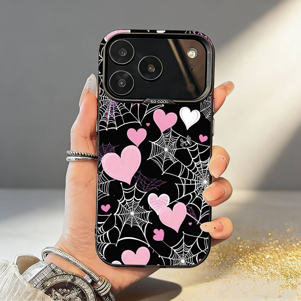 Cool S-Spider Web H-Heart Phone Case For iPhone17,16,15,14,13,12,11,Pro,MAX Gray Matte Silicone Black Cover