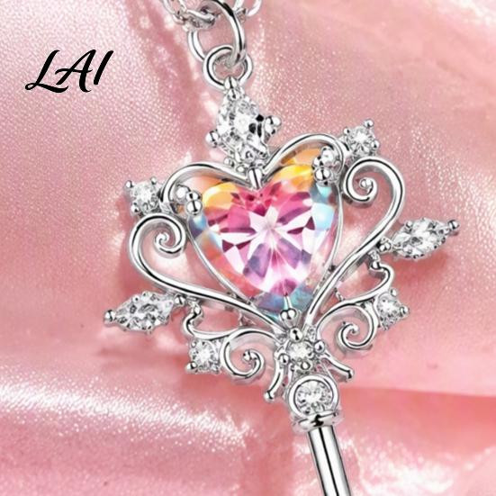 Key Pendant Necklace for Women Magic Necklace Pink Cubic Zirconia Heart Sparkling Rhinestone Sweet Fairy Jewelry Girls Versatile Alloy Chain