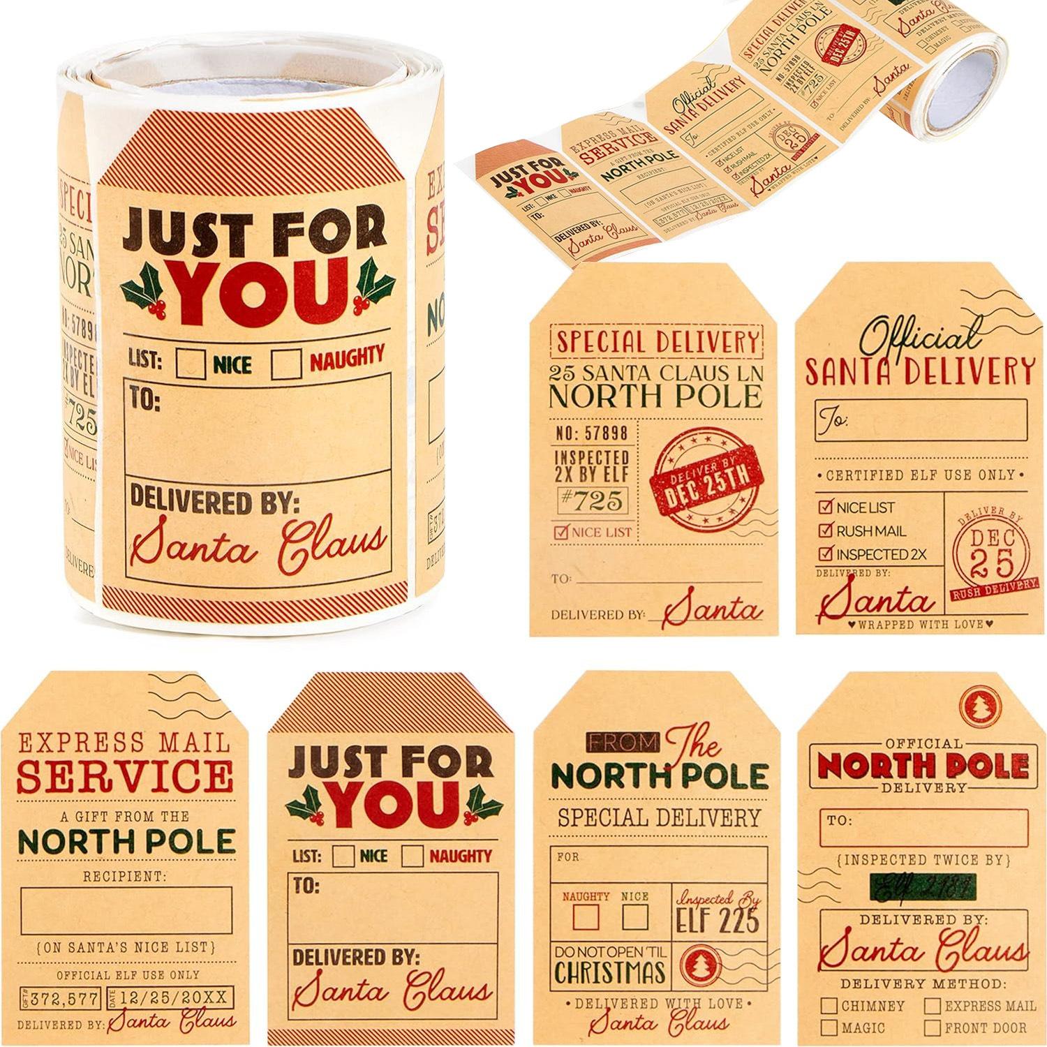 

200 шт. Винтажные рождественские наклейки-этикетки - Самоклеящиеся рождественские именные бирки с дизайнами Санты и оленей, этикетки из крафт-бумаги as shown