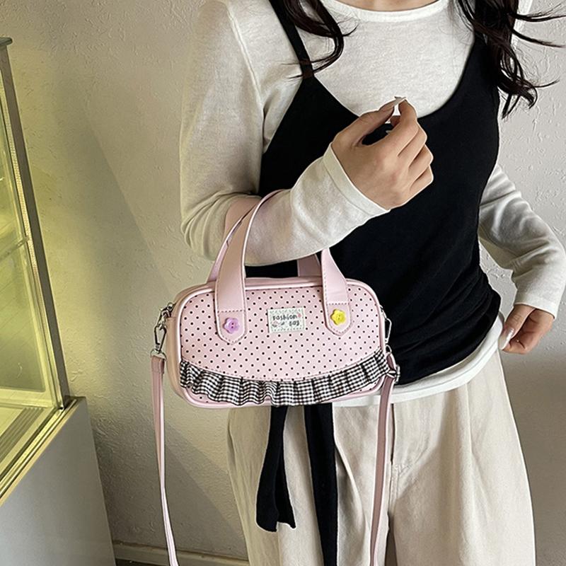 Mini- Bowlingtasche mit Pünktchenmuster und Vichy-Rüschenbesatz Niedliche Blumenverzierung Vielseitiger oberer Griff und Umhängetasche Süße Tasche für Pendler