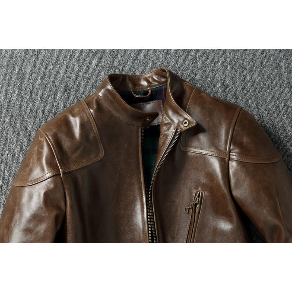 Chinese Size Style RL Top Layer Oil Waxed Cowhide Real Leather Jacket Men Stand Collar Brown Coat Men's Biker Jacket Spring Autumn