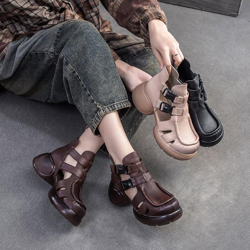 Johnature Retro Dickbesohlte Hohl Atmungsaktive Sandalen Echtes Leder Bequeme Vielseitige Damenschuhe