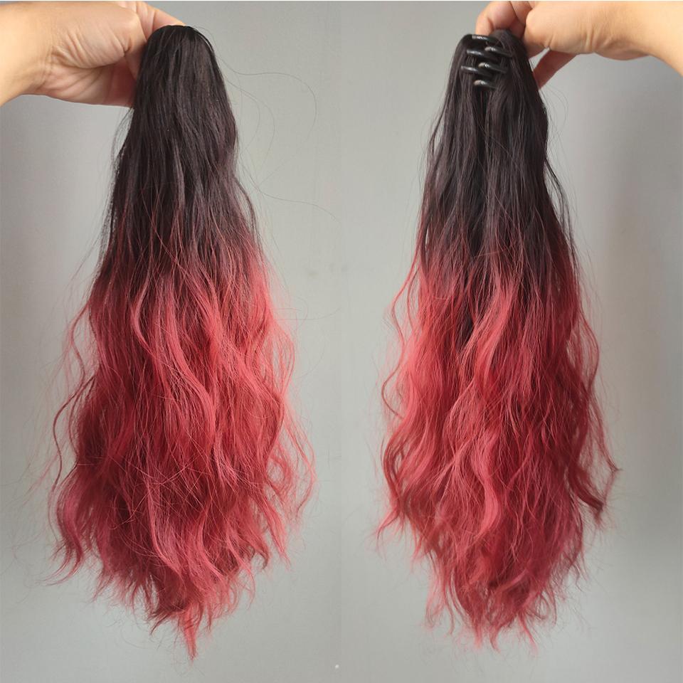 Extension de Cheveux Synthétiques Longs Lisses à Pince Queue de Cheval 22 Pouces Noir Mèches Bleues Grises Postiche Queue de Cheval Perruque Pour Femmes