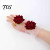 Elasticated Lace Hand Flowers Gothic Fingerless Glove, Elastic Short Sleeve, Wine Red Rose Bracelets Flower Wrist Cuff for Women Girls, Wedding,