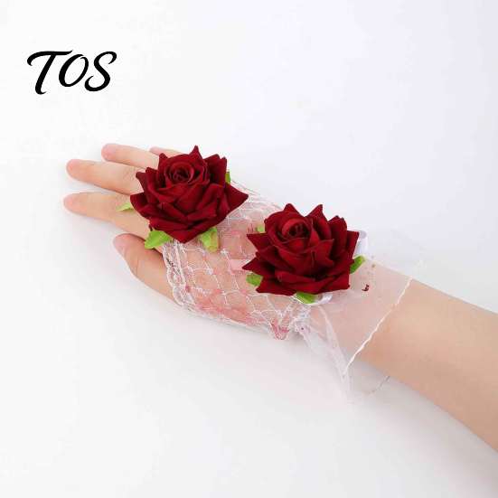 Elasticated Lace Hand Flowers Gothic Fingerless Glove, Elastic Short Sleeve, Wine Red Rose Bracelets Flower Wrist Cuff for Women Girls, Wedding,