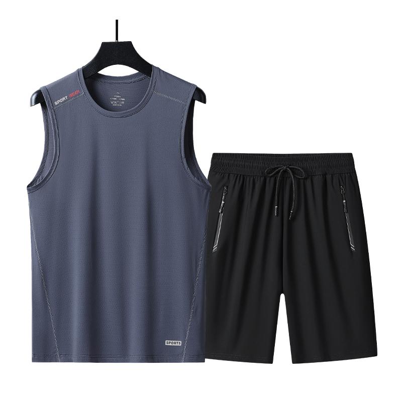

Ice Silk Vest Suit Men s Quick-drying Fitness Sports Suit Men s Casual Running Large Size Vest Shorts Two-piece Loose Waistcoat 2XL