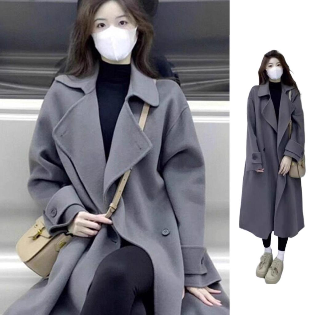 Women's Plus-Size Grey Wool Mid-Length Coat - Autumn Winter Thick Korean Hepburn Style
