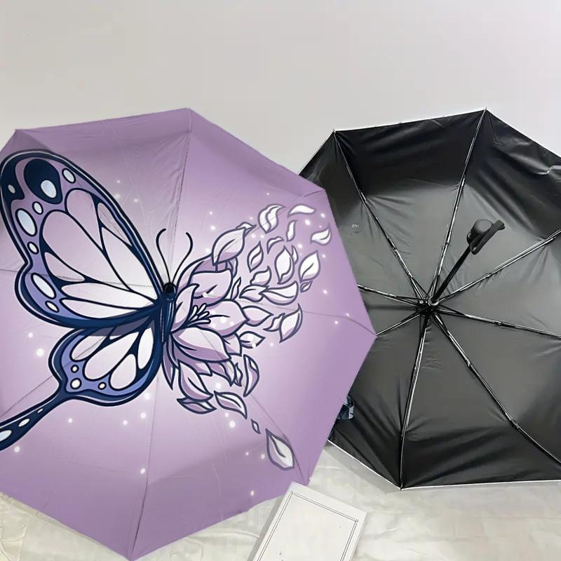 1pc Butterfly Flowers Automatic Folding Umbrella 8 Rib Iron Frame,  Suitable for Travel, Daily Use, Birthday, Women & Men Gift c1231066