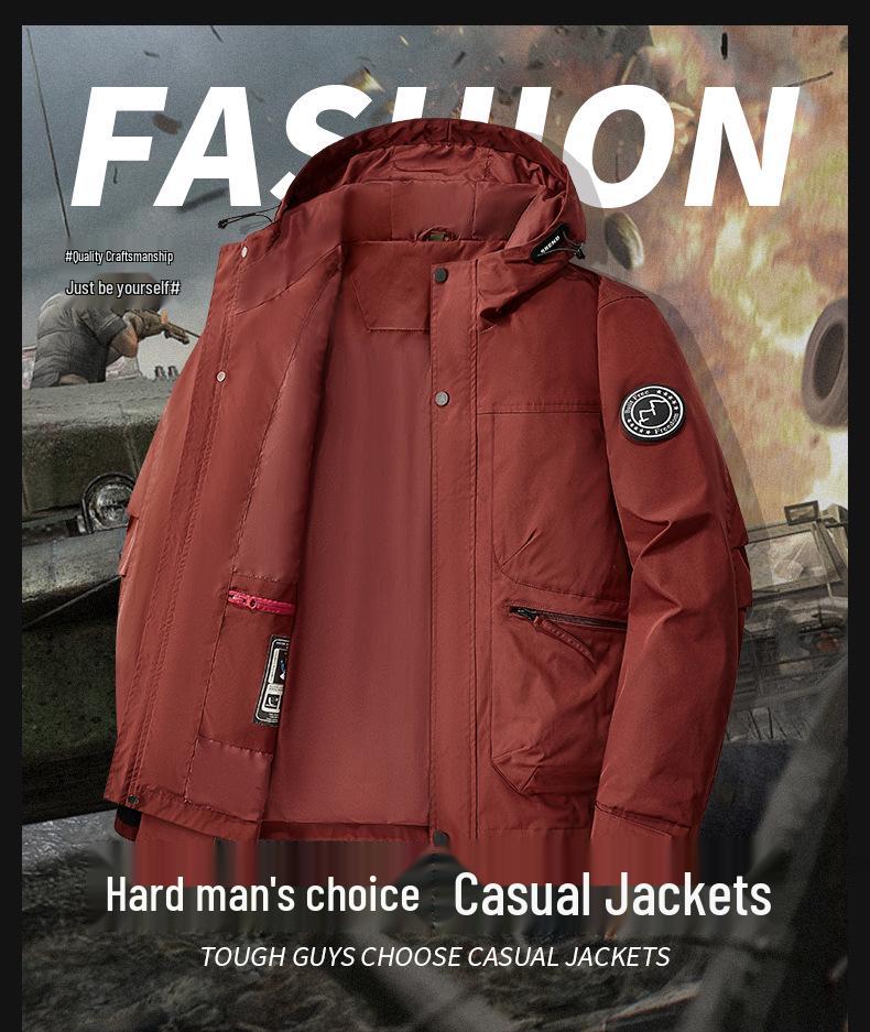 Winddichte Kapuzenjacke mit Fleecefutter, Arbeitsmantel mit mehreren Taschen, Lässiger lockerer Schnitt für Frühling und Herbst, Ideal zum Angeln und Fotografieren.