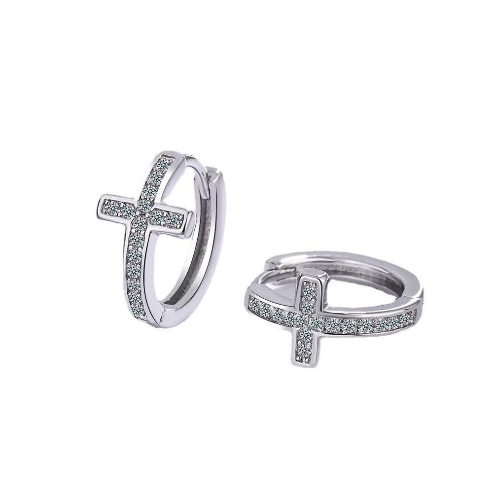 Cute Small  Sterling Silver Cross Circle Stud Earring for Children Girls Women Fashion  Accessories Wholesale