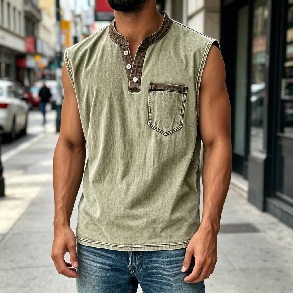 Men Sleeveless Casual Vest Three Button Henley Neck Pocket Front Cotton Linen Blend Summer Top