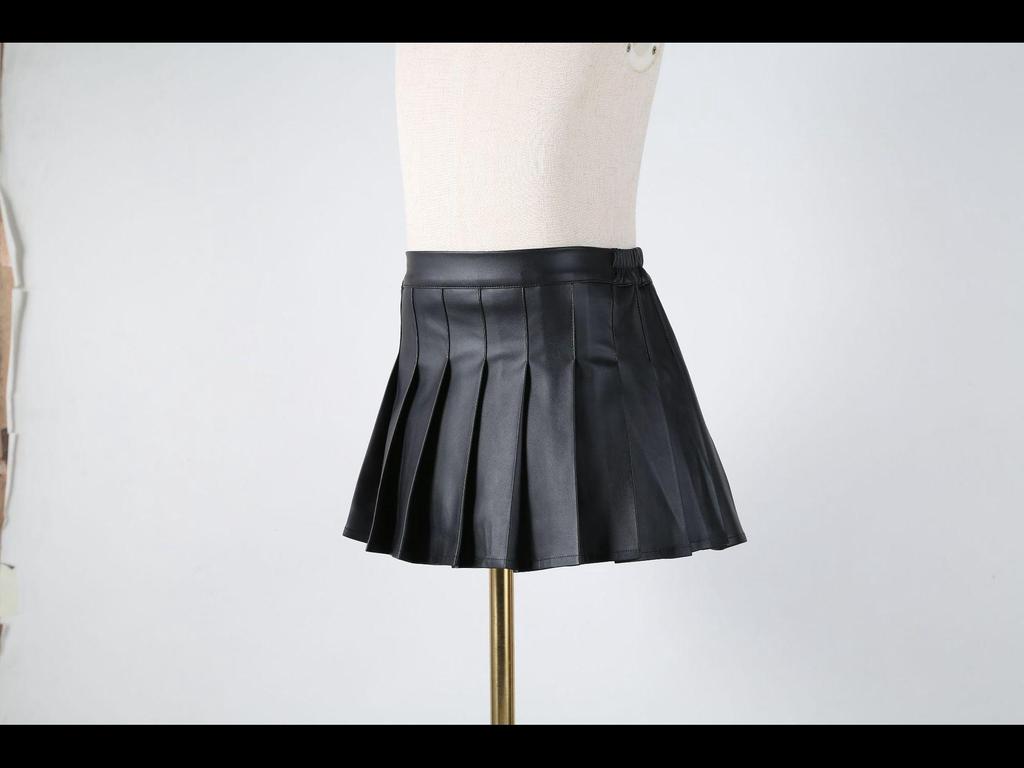 Mädchen-A-Linien-Rock aus schwarzem, plissiertem PU-Leder mit hoher Taille für Herbst und Winter