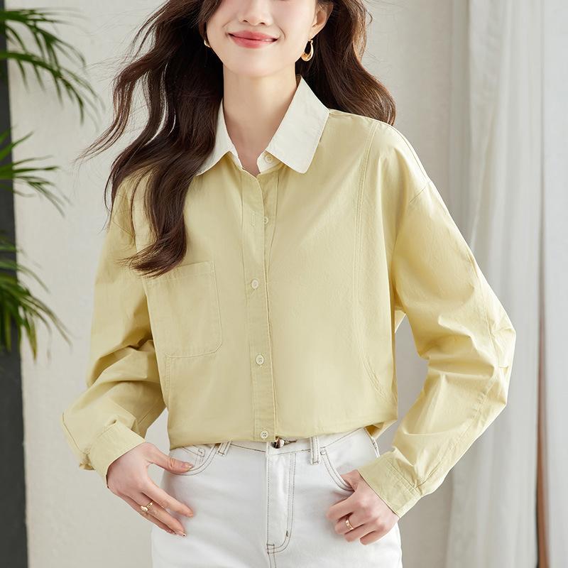 Pure Cotton Long-sleeved Shirt Women's Spring New Contrasting Collar Shirt