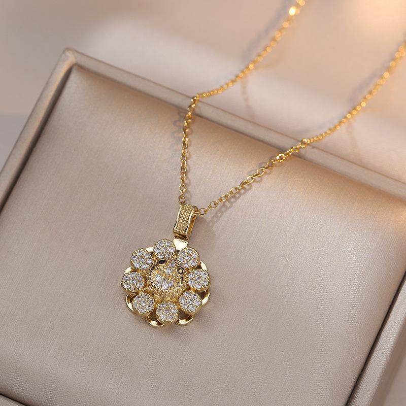 

Вращающийся многоцветный цирконий, смайлик, кулон в виде подсолнуха, ожерелье для женщин, золотой цвет, цепочка из нержавеющей стали, ожерелья, модные вечерние ювелирные аксессуары 45cm