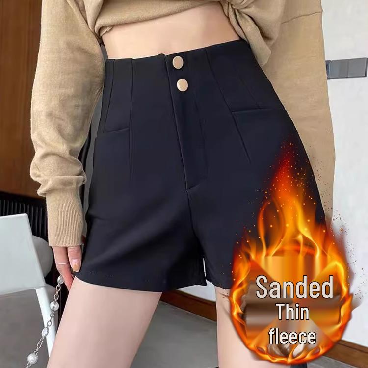 

Весна 2025 Шорты с высокой талией больших размеров черные на флисовой подкладке с широкими штанинами для женщин - Стройнящие, Повседневные и Удобные S чёрный